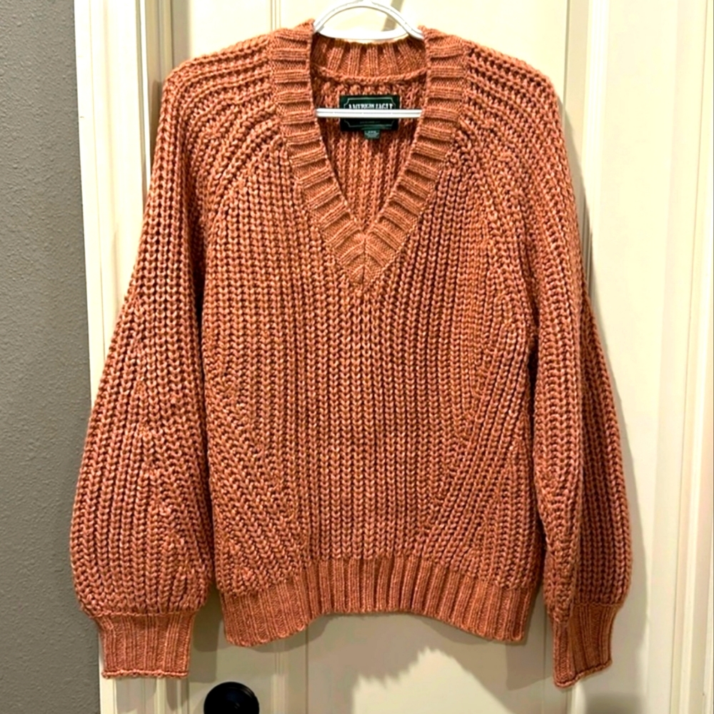 American Eagle Cable Knit VNeck Camel beige tan creamy suede long sleeve Sweater